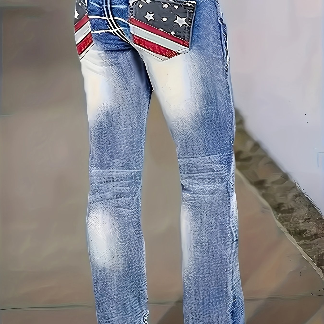 Plus size women’s denim jeans with American flag print pockets and whiskering washed design for Independence Day, casual straight leg pants