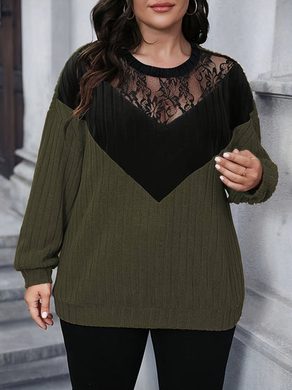 Plus Size Contrast Lace Color Block Sweatshirt, Casual Long Sleeve Crew Neck Pullover Sweatshirt