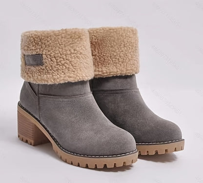 Cozy Winter Chunky Heel Boots - Soft Plush Lined, Slip-On Design, Comfortable Ankle Support, Warm Insulation, Casual Style for Daily Wear - Perfect for Cold Weather - LuxyXO