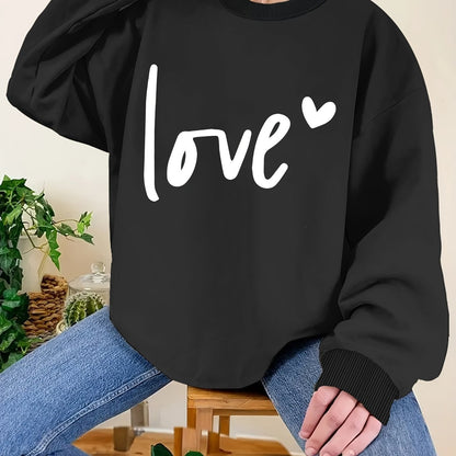 Plus Size Love Print Sweatshirt, Casual Long Sleeve Crew Neck Pullover Sweatshirt