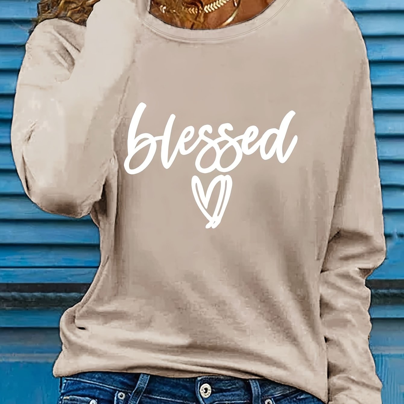 Women'S "Blessed" Heart Applique Long Sleeve Sweatshirt, Regular Fit