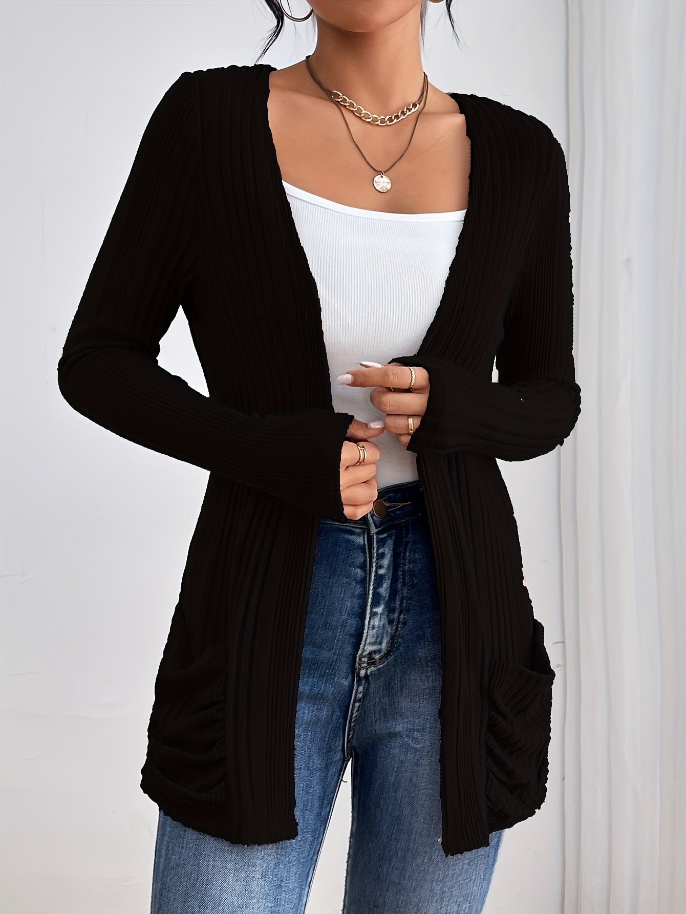 Womens Soft Rib Knit Cardigan - Solid Open Front, Slim Fit with Pockets - Long Sleeve Casual Wear for Everyday Fashion