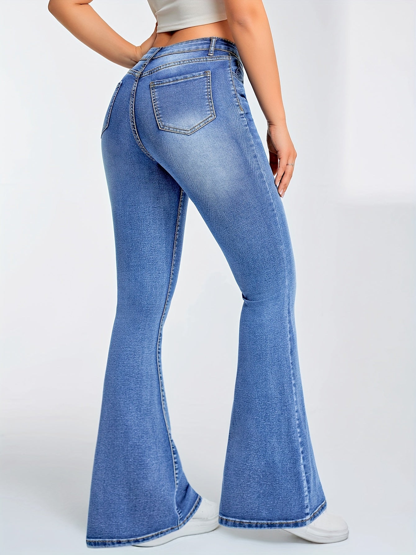 High-Waisted Flare Leg Jeans - Soft High Stretch Preppy Denim Pant - LuxyXO