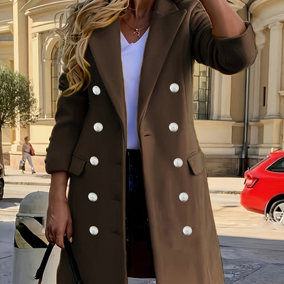 Double-breasted Notched Collar Coat, Elegant Long Sleeve Coat For Fall & Winter, Women's Clothing