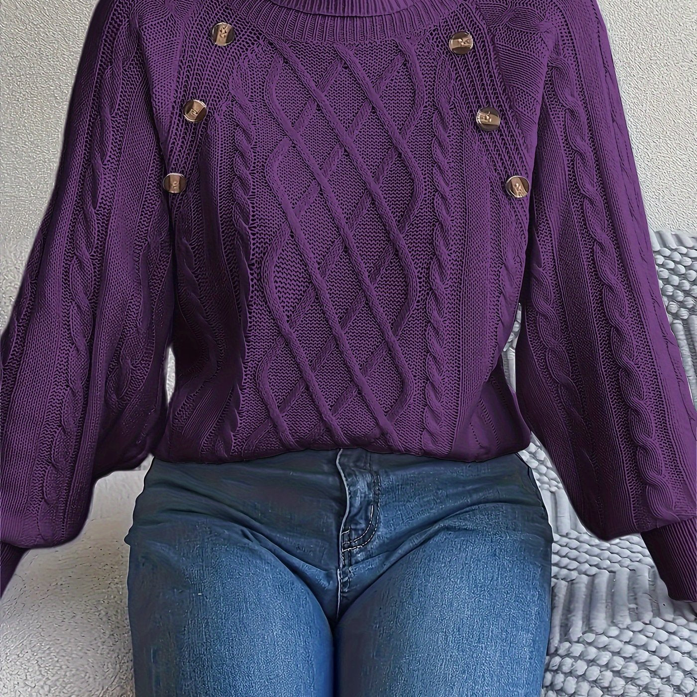 Women's Sweater with High Collar, Textured Buttons and Lantern Sleeves