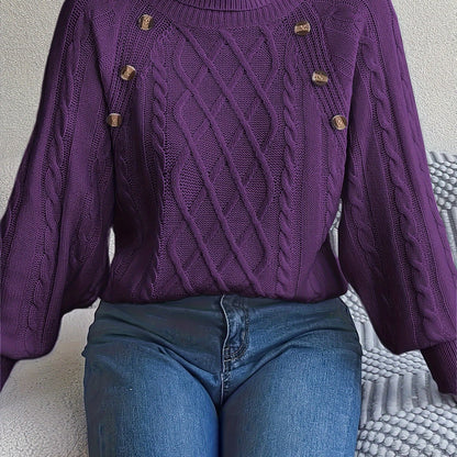 Women's Sweater with High Collar, Textured Buttons and Lantern Sleeves