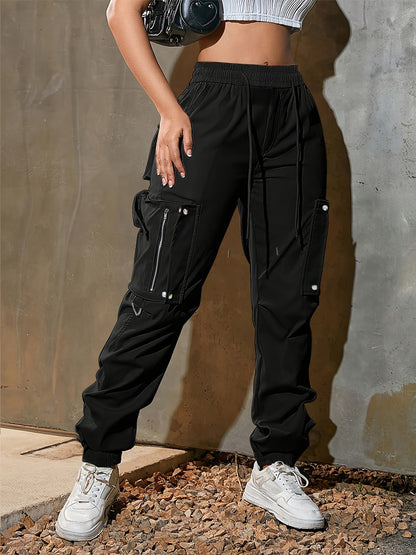 High-Waist Wide-Leg Cargo Pants - Casual Fashion, Soft Polyester, Drawstring Elastic Waist, Multi-Pocket Design