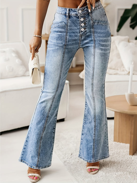 Jeans acampanados elásticos de talla grande para mujer: suaves, cómodos, de un solo pecho, con botones en el frente, estilo casual, cintura alta, diseño de cinco bolsillos, lavado descolorido, perfectos para uso diario