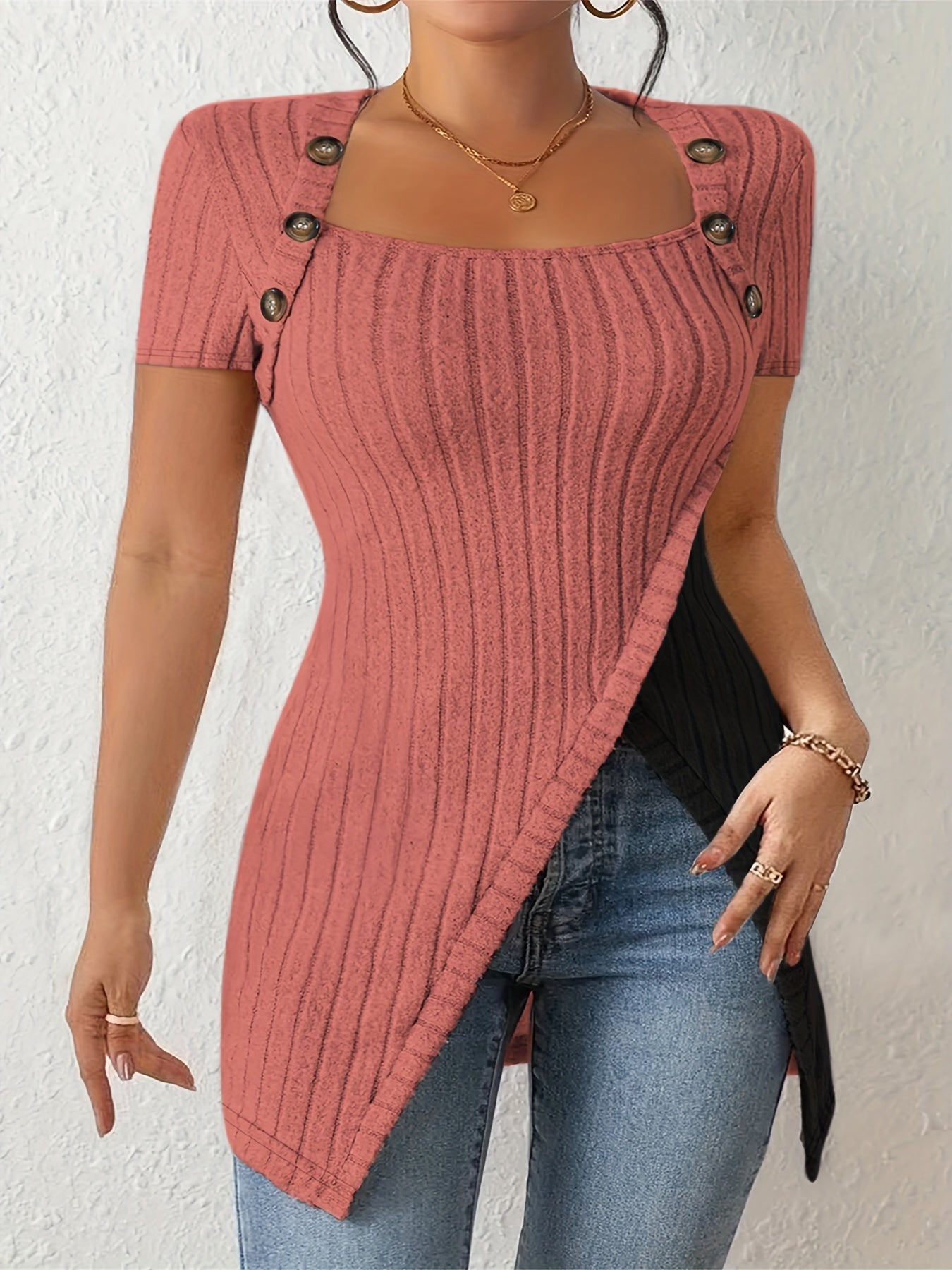 Stylish Plus Size Colorblock Ribbed Sweater - Women's Plus Size Casual Square Neck Short Sleeve