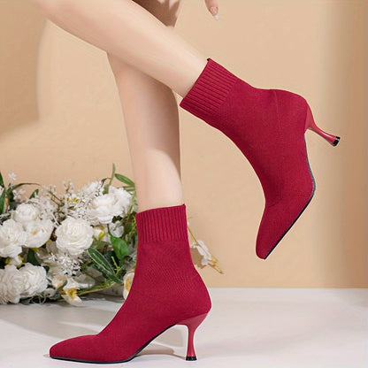 Stiletto Ankle Boots, Fashion Solid Color Knitted Slip On High Heeled Boots