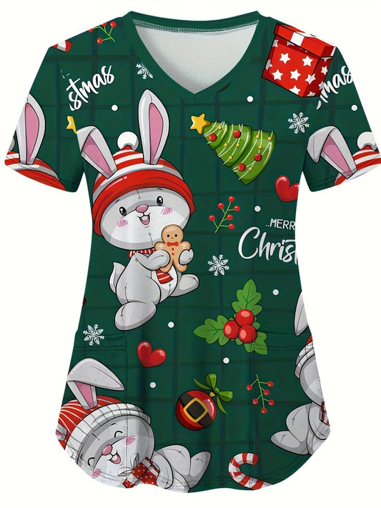 Adorable Rabbit Print V-Neck Scrub Top - Soft, Breathable, and Comfortable Healthcare Uniform for Women - Ideal for Hospital, Dental, and Medical Office Work, Easy Care Fabric