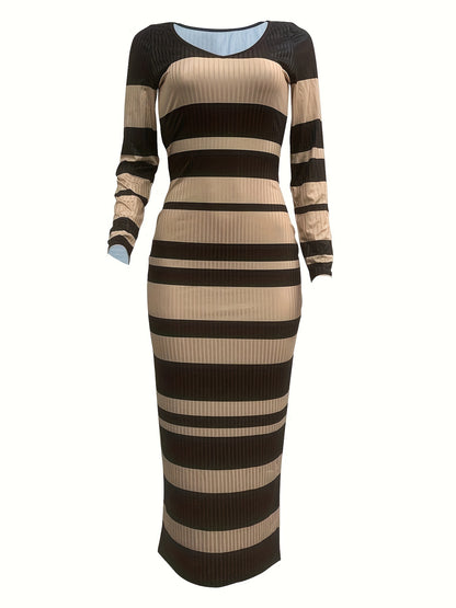 Y0014 Striped Printed V-Neck Dress, Sexy Long Sleeve Bodycon Dress, for Autumn, Spring