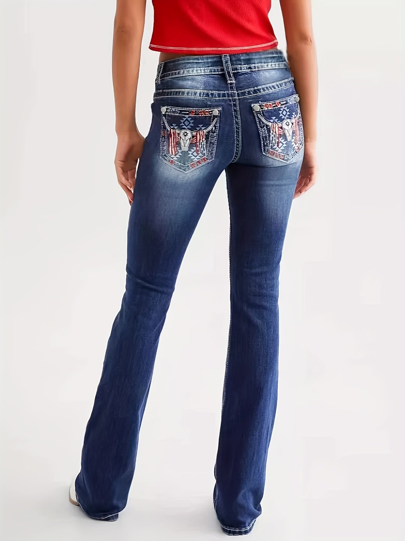 Stylish Whisker Embroidered Pocket Slim Fit Jeans - Soft Washed Blue Denim, Retro Style - LuxyXO