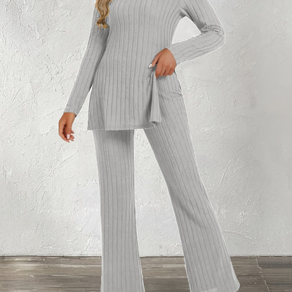 Trendy Two-Piece Ribbed Pantsuit Set - Long Sleeve Crew Neck Split Top & Strait Pants Outfit