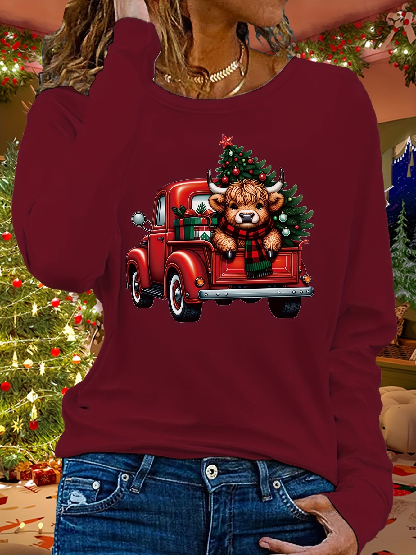 Casual Christmas Bear Applique Crew Neck Sweatshirt - 100% Polyester Knit Fabric with Medium Stretch, Long Sleeve Pullover for Fall