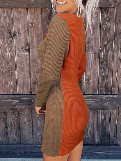 Plus Size Contrast Color Sweater Dress, Elegant Crew Neck Long Sleeve Dress