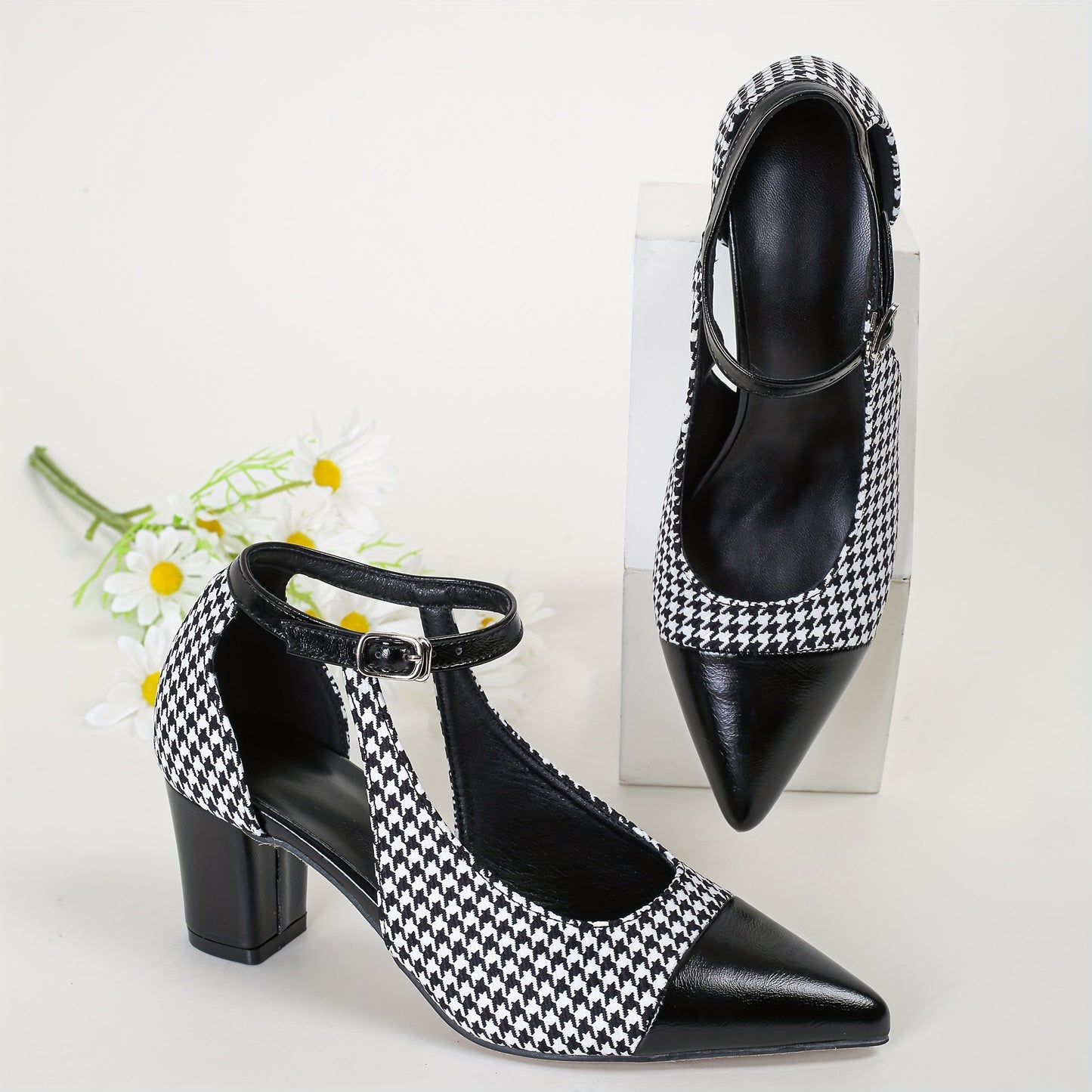 Mid Heel Womens Houndstooth Pattern Ankle Strap Shoes - Soft, Lightweight, Elegant Pointed Toe Dress Shoes with Block Heel, Faux Leather Insole, and Rubber Sole - Perfect for All-Season Wear