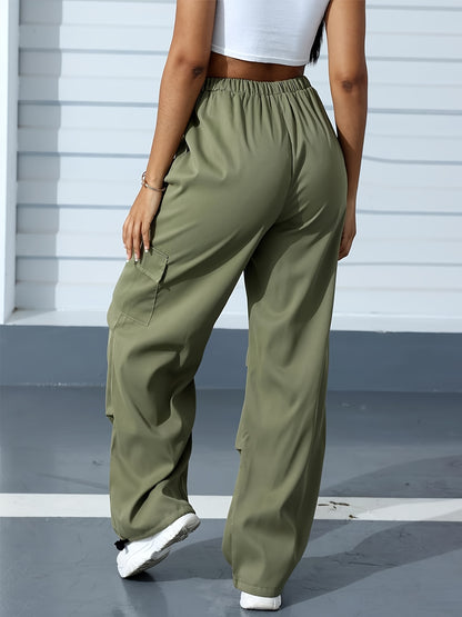 Pantalones cargo con bolsillos con solapa sólida, pantalones casuales con cintura elástica y cordón ajustable para primavera y verano, ropa de mujer