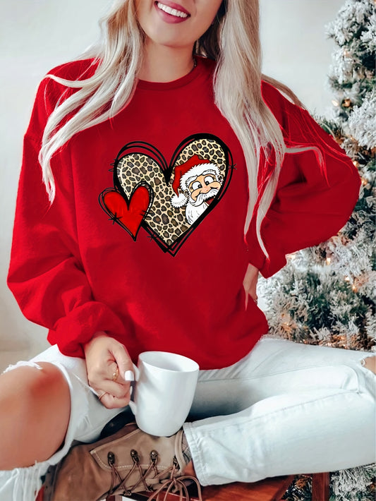 Women's Festive Christmas Heart & Leopard Snowman Print Sweatshirt - Casual Crew Neck Long Sleeve Pullover, Machine Washable