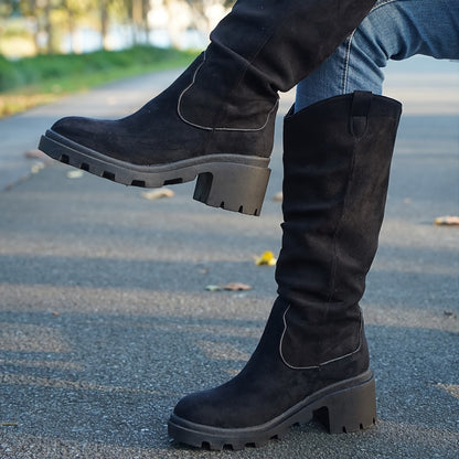 [1 pieza de botas de media pantorrilla para mujer] Botas de media pantorrilla para mujer, de color sólido, sin cordones, con punta redonda, tacón de bloque, parte superior de tela, suela interior, tacón alto, suela de goma