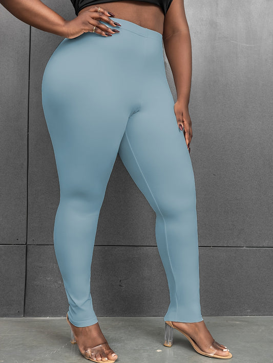 Plus Size Basic Leggings, Solid Elastic High Rise High Stretch