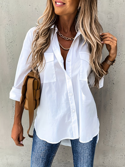 Womens Long Sleeve Lapel Collar Shirt - Soft Micro Elastic Polyester Fabric, Semi-Sheer, Pocket Detail, All-Season Casual Wear for Office and Daily Life