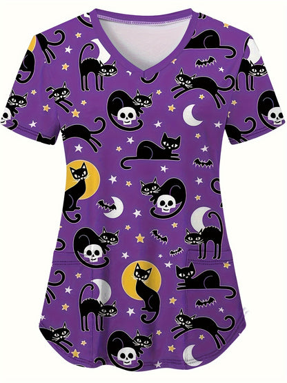 Spooky Halloween Cartoon V-Neck Scrub Top - Soft, Breathable, Comfortable, Functional Health Care Uniform - Perfect for Working in Hospitals, Dental Offices, Women's Work Clothing for Medical Professionals