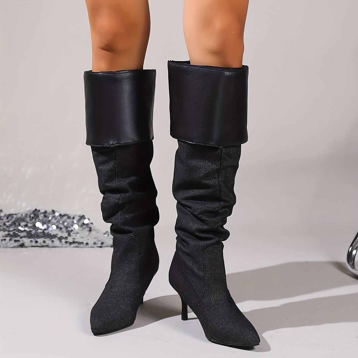 Women's Denim Stiletto Long Boots, Folding Design Slouch Knee High Boots, Fashion Slip On High Heeled Boots - LuxyXO