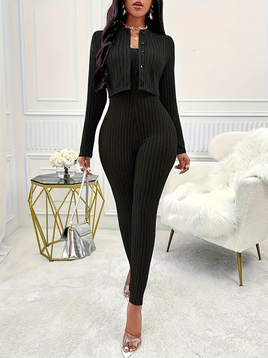 Crop Cardigan & Skinny Strapless Jumpsuit - Two-Piece Ribbed Outfit Set