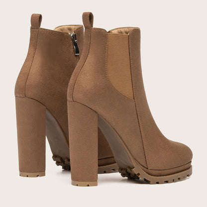 Botines elegantes de punta puntiaguda: tacón grueso, plataforma, cremallera lateral y punta redonda