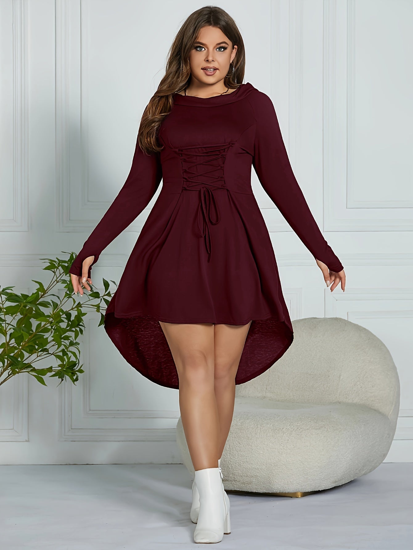 Vestido con cordones de talla grande, vestido liso con capucha y manga larga para primavera, ropa de talla grande para mujer