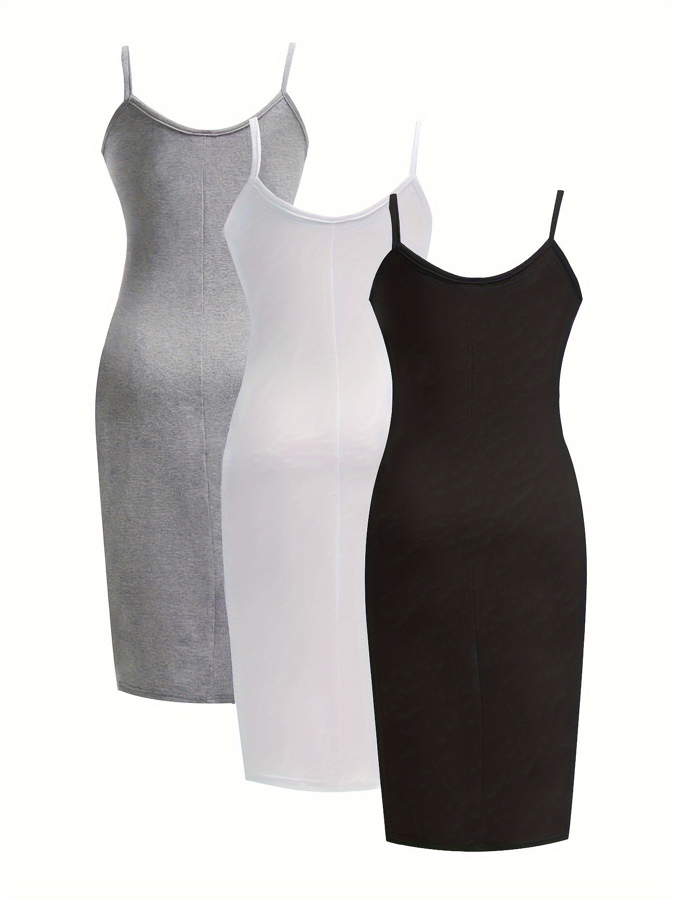 Conjunto de 3 vestidos camiseros de talla grande: vestidos ajustados de estiramiento medio con cuello redondo sólido para uso diario para mujer: suaves, transpirables y cómodos