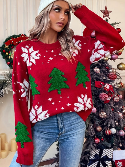 Cozy Christmas Pattern Crew Neck Sweater - Soft, Casual, Long Sleeve, Warm, Fall & Winter Essential - Women's Comfortable Clothing for Holiday Season