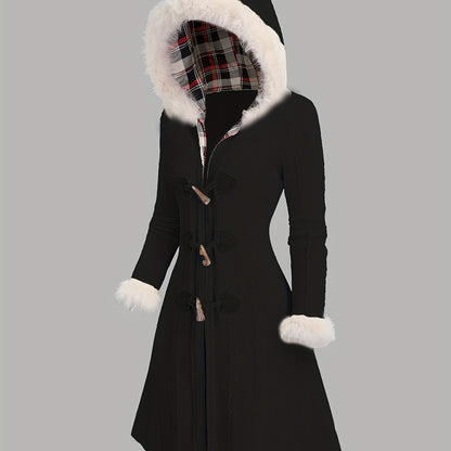 Y2K-Inspired Plaid Hooded Knit Coat with Faux Fur Trim, Horn Buttons - Long, Warm & Stylish for Women, Machine Washable, Y2K, Plaid, Faux Fur