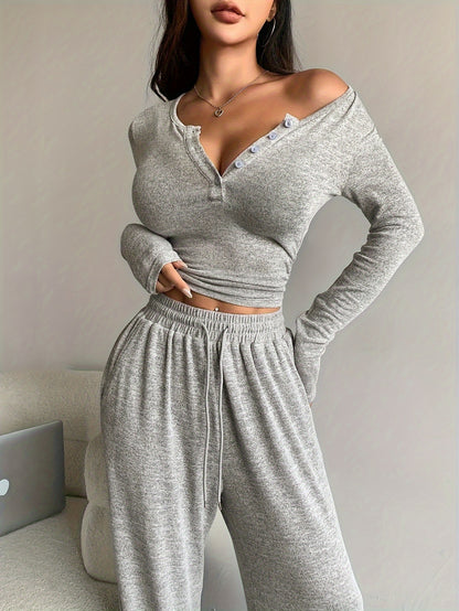 Women's Casual V-Neck Knit Pantsuit Set - Polyester Blend Long Sleeve Button-Top with Drawstring Pocket Pants, Solid Color Two-Piece Outfit for Fall/Winter