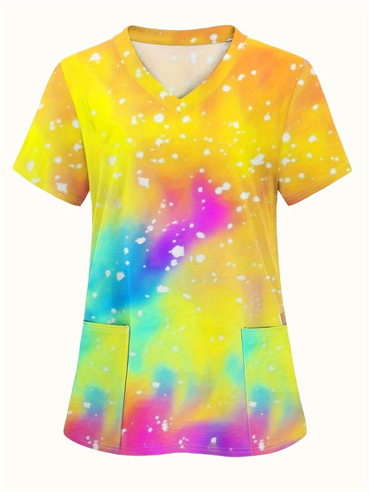 Women's Casual V-Neck Tie Dye T-Shirt with Pockets, 100% Polyester Knit Fabric, Lightweight Breathable Top for Spring/Summer/Fall