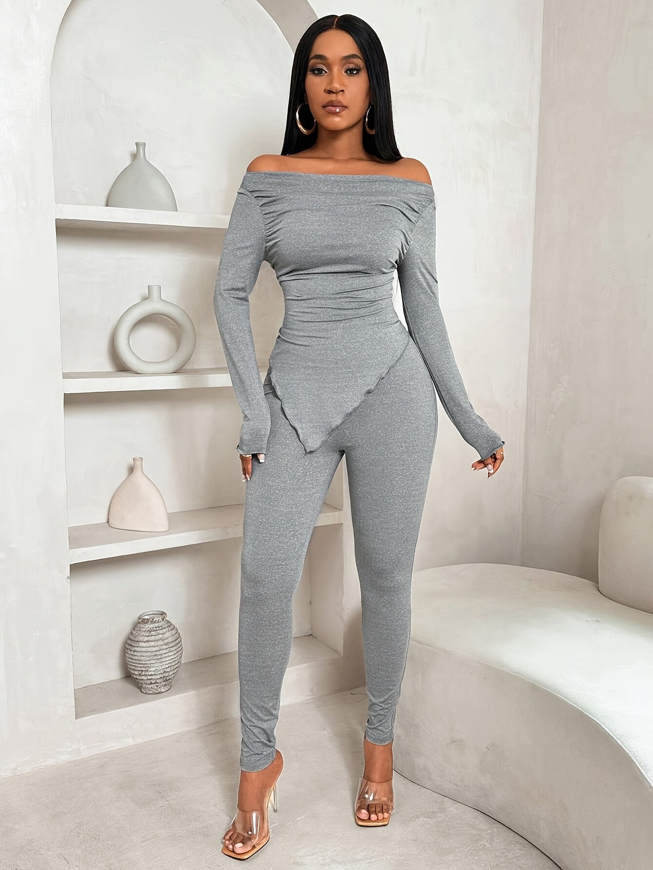 Elegant Off-Shoulder Asymmetrical Hem Long Sleeve Top and Leggings Set for Women, Chic Outfit