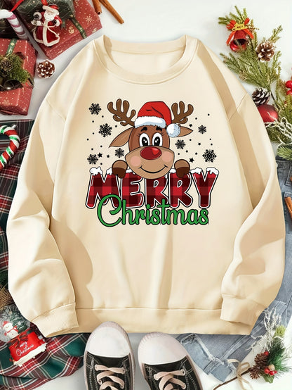 Cozy Festive Reindeer Sweatshirt - Soft 100% Polyester Knit Fabric, Vibrant Cartoon Print Design, Long Sleeve Pullover for Fall/Winter, Casual Crew Neck Style, Perfect for Holiday Parties and Gift Giving