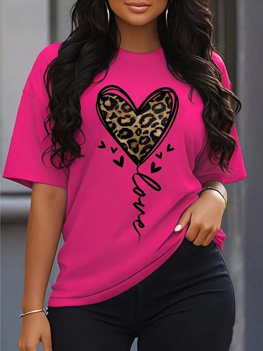 Camiseta casual de manga corta con cuello redondo y estampado de letras y corazones de leopardo vibrantes: prenda superior suave, transpirable y de corte relajado para primavera y verano: ropa elegante para mujer para uso diario