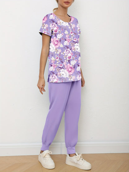 Womens Trendy Floral Print Two-Piece Scrub Set - Comfortable & Professional Medical Outfit with Functional V-Neck Top & Adjustable Pants