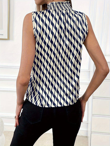 Fashionable Striped Print Mock Neck Blouse - Chic Sleeveless Design for Spring & Summer - A Timeless Elegant Wardrobe Essential for Trendy Women