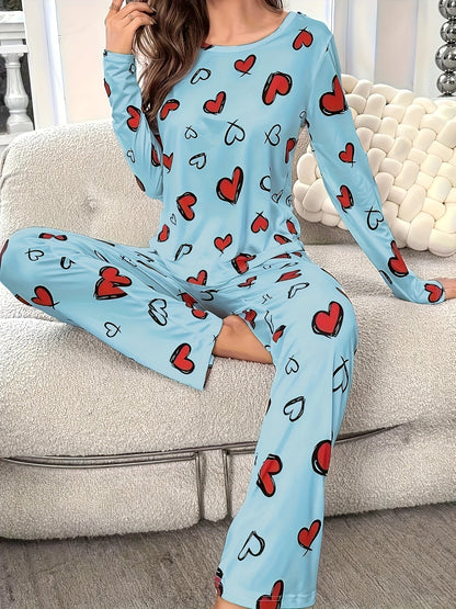 Cozy Heart Print Pajama Set for Women - Soft Long Sleeve Round Neck Top, Comfortable Relaxed Fit Pants, Perfect for Fall and Winter, Casual Lounge Wear for Home or Travel