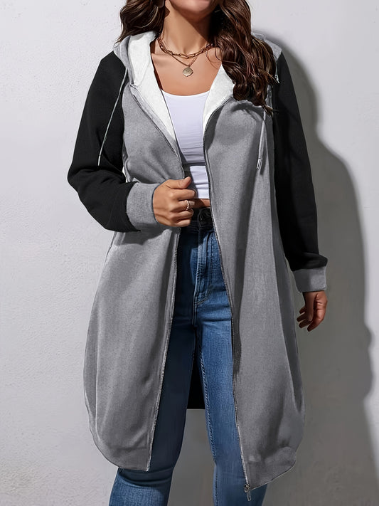 Plus Size Color Block Hooded Coat, Casual Drawstring Zipper Front Long Sleeve Outerwear For Fall, Women's Plus Size Clothing