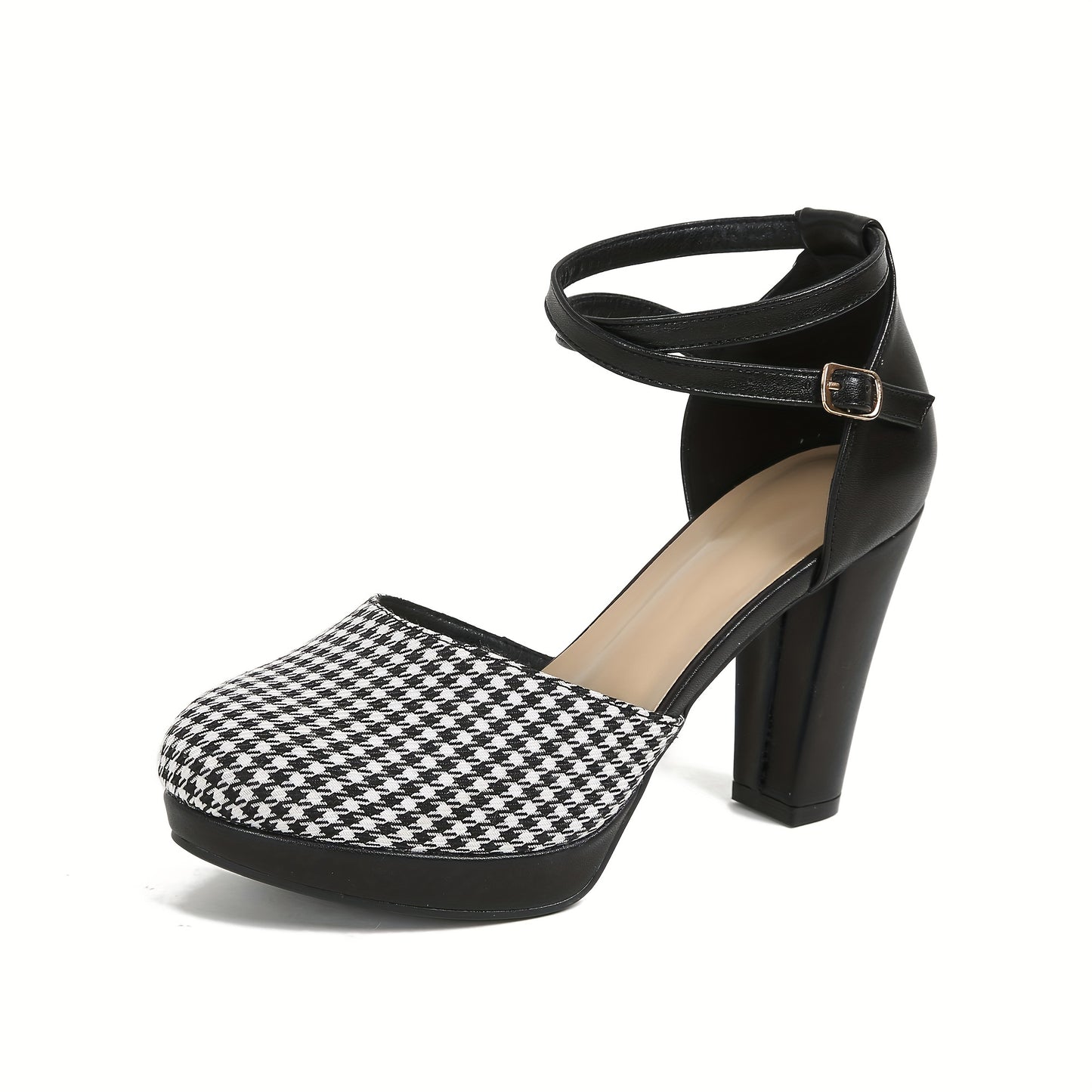 Chic Womens Houndstooth High Heel Sandals - DOrsay Crisscross Ankle Strap Design with Stable Platform Block Heel - Trendy Fashion Footwear