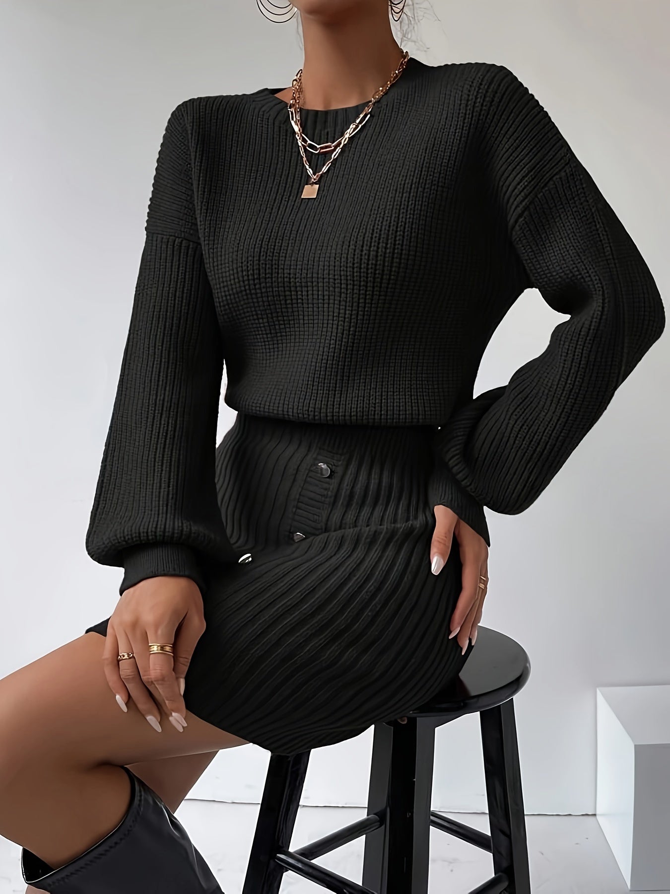 Chic Solid Color Sweater Dress for Women - Casual Crew Neck, Long Sleeve, Knit Polyester - Perfect for Fall & Winter