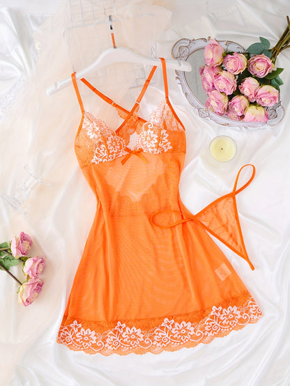 Vestido de dormir sexy de color naranja con encaje, sin espalda y tanga: conjunto de lencería transparente y cómodo para mujer