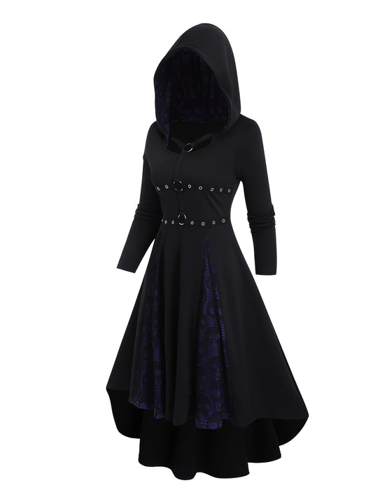 1pc Elegant Polyester Hooded Dress with Contrast Lace and Skull Pattern, Long Sleeve Color Block with O-Ring Detail, Knit Fabric A-Line Skater Dress for Adults, Fall/Winter Collection