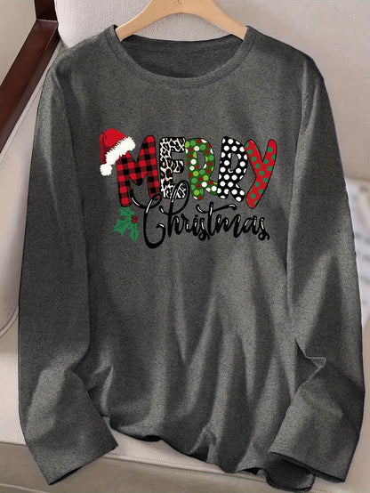 Women's Christmas Applique Long Sleeve T-Shirt - 100% Polyester Knit Fabric, Casual Crew Neck, Medium Stretch, Regular Fit, Fall Season Sweater