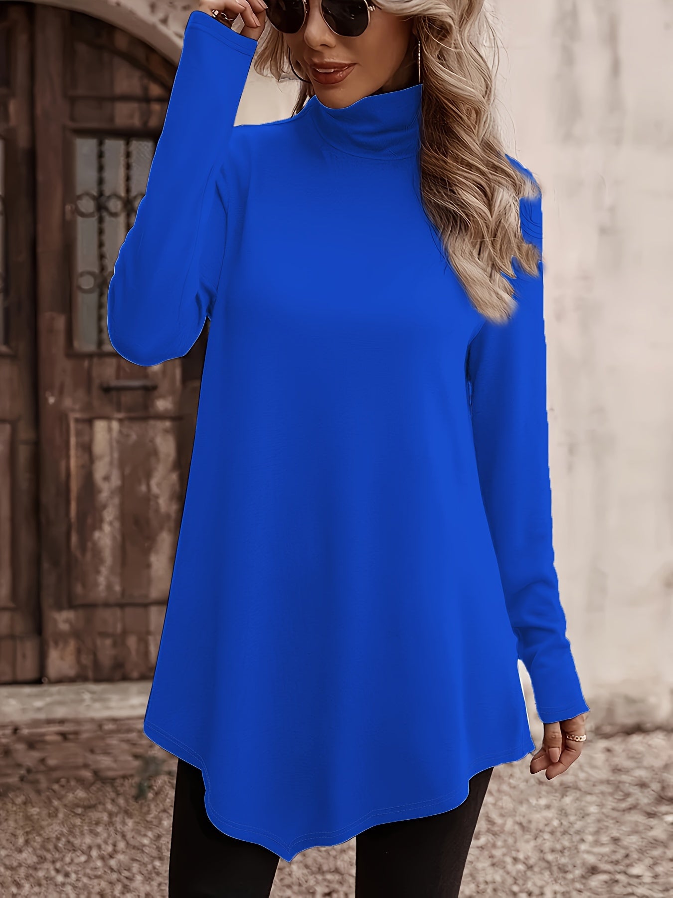 Plus Size Chic Tunic Top - Flattering Long Sleeves, Fashionable High Neck, Trendy Asymmetric Hem - Solid Color Casual Wear for Stylish Women