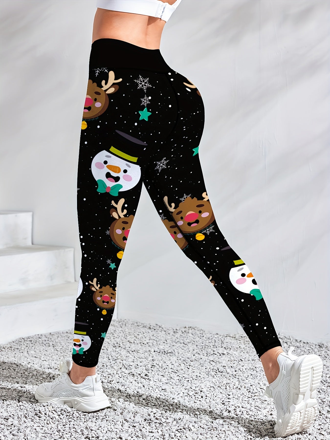 Women'S High-Waisted Yoga Leggings, Christmas Cartoon Snowman & Reindeer Print, Quick-Dry Breathable Fabric, Stretchy Polyester, Color Block Detail, Regular Fit, All-Season Fitness Wear